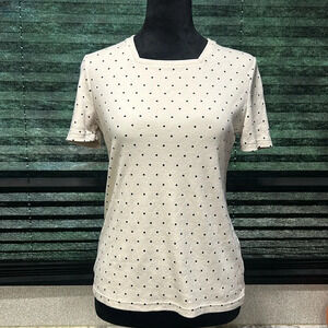 Croft & Barrow Women Cream/Black Polka Dots Square‎ Neck Cotton SS T-Shirt Small